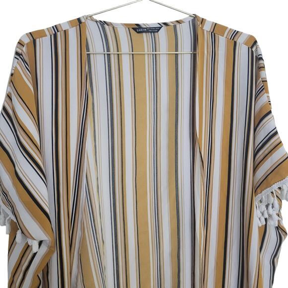 Shein Kimono Cardigan Sz L Yellow White Black Swim Beach long Tassels open front - Picture 6 of 10